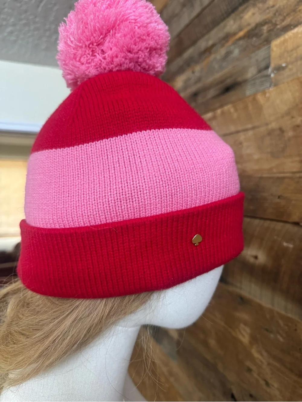 Kate Spade New York Pink Red Colorblock Pom Pom Beanie Hat Wool Blend
